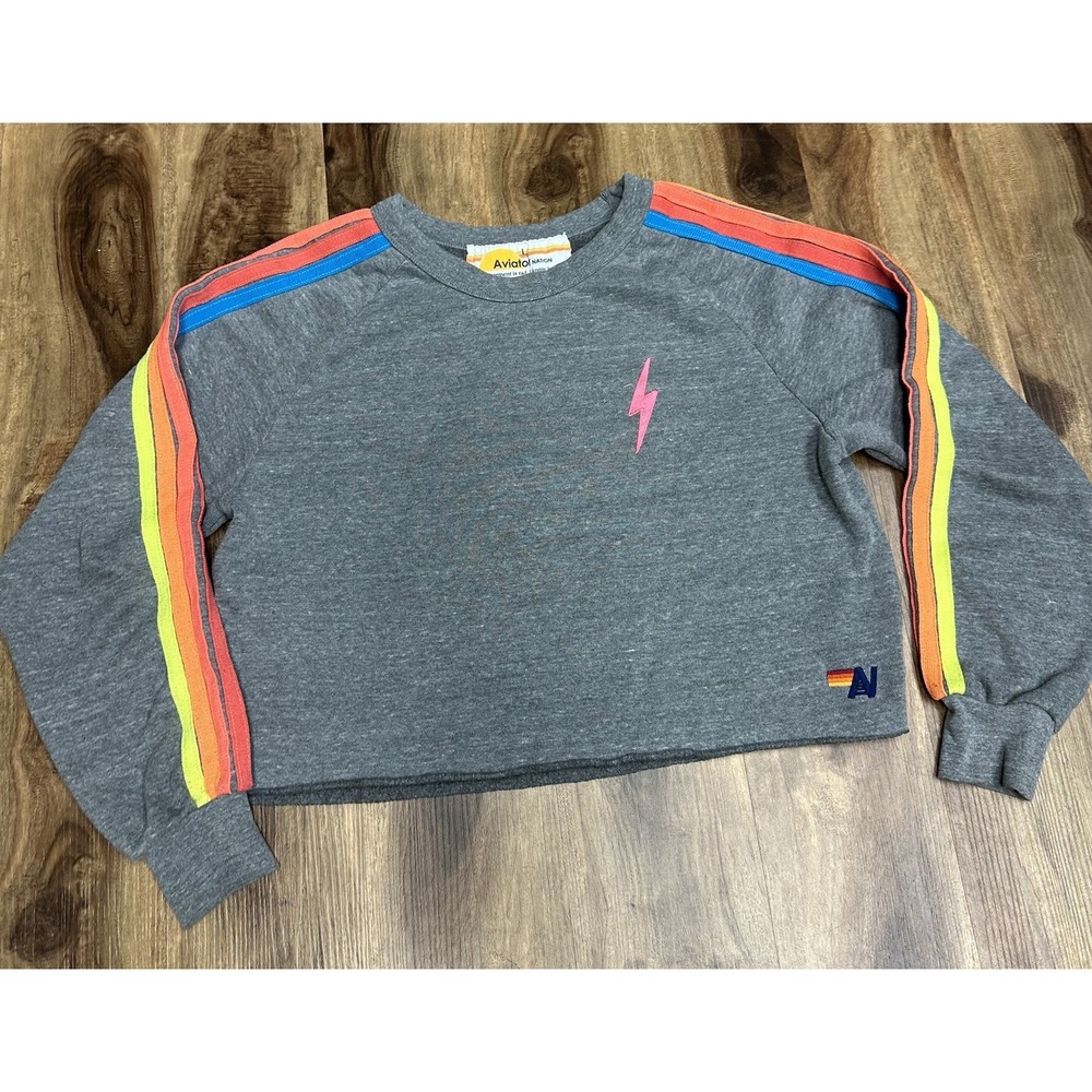 Aviator Nation Bolt Classic Cropped Crewneck Sweatshirt Neon Stripe Size Large